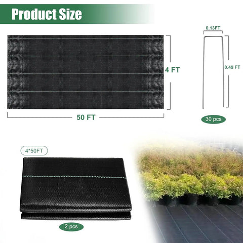 Heavy Duty Garden Weed Barrier Landscape Fabric Ground Cover 4 Pack 100 Ft Rolls With 30 U Shaped Securing Pegs Premium Polypropylene Weed Control Mat For Garden Beds And Pathways, 4x50 ft sheets, rolled and installed image with plants.
