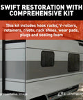 In Wall RV Slide Out Triple Rack Repair Kit with hook racks, V rollers, retainers, rivets, rack shoes, wear pads, plugs shown.
