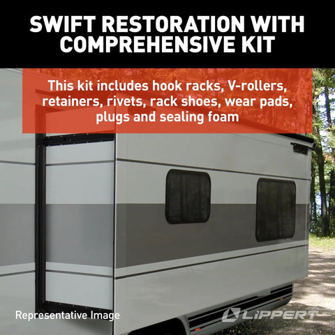 In Wall RV Slide Out Triple Rack Repair Kit with hook racks, V rollers, retainers, rivets, rack shoes, wear pads, plugs shown.
