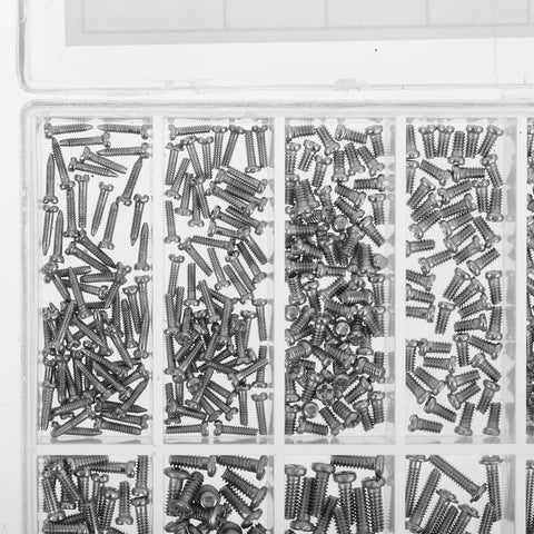 Heavy Duty Stainless Steel Eyeglass Repair Screws Kit with Slick Magnetic Screwdriver and 1000 Piece Legit Watch Hardware Set, assorted screws in storage box.