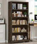 5 Tier Solid Wood Book Shelf Floor Standing Bookcase in Walnut Finish with Arched Base Farmhouse Style in living room