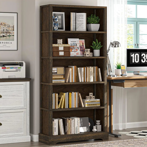 5 Tier Solid Wood Book Shelf Floor Standing Bookcase in Walnut Finish with Arched Base Farmhouse Style in living room