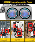 1300W Portable Magnetic Drill Press For Steel Beams And Metalworking Projects With 2 Inch Boring Capacity 810 Rpm Variable Speed And Ten Speed Settings Includes Quick Change Chuck And Eighteen Piece Bit Set, showcasing strong 13000N magnetic force in various positions.