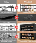 Comparison of black fabric-covered shoe racks. Left: unstable, uncovered, space-consuming; Right: stable, dustproof, space-saving.