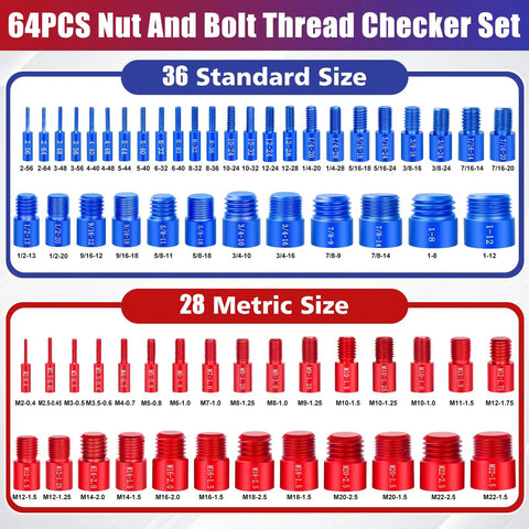 64 Piece Thread Checker Kit With 36 Standard And 28 Metric Sizes, handy boxed set showing blue and red thread gauges