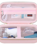 Open Carrying Case For Portable Handheld Nebulizer And Inhaler Spacer, Star Pink, showing mesh pocket and nebulizer storage