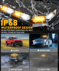 Rooftop Emergency Strobe Light Bar With 102 LED Amber And White Beacons Magnetic Base showcased on vehicles in various weather conditions