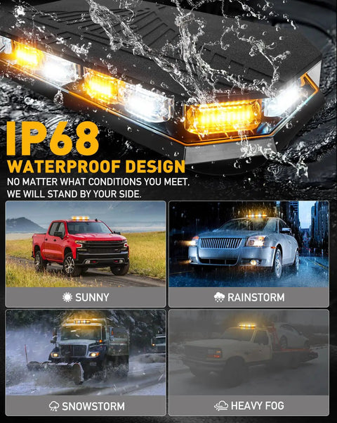 Rooftop Emergency Strobe Light Bar With 102 LED Amber And White Beacons Magnetic Base showcased on vehicles in various weather conditions