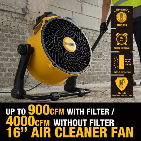 Yellow heavy duty industrial air purifier fan with 16-inch blade, HEPA filter, 4000 CFM power, PM2.5 sensor, and 360-degree tilt on job site