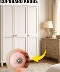 Pink Ceramic Drawer Knobs 12 Piece Set With Floral Cabinet Pulls shown on a wardrobe and dresser, hand-painted floral design.