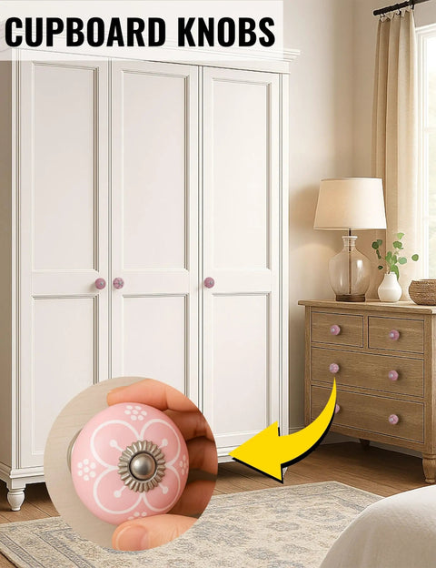 Pink Ceramic Drawer Knobs 12 Piece Set With Floral Cabinet Pulls shown on a wardrobe and dresser, hand-painted floral design.