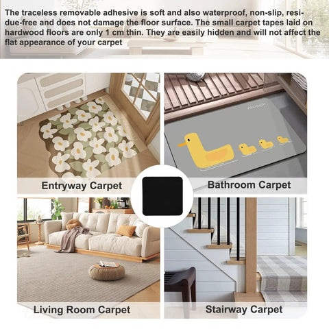 Four Pack Rug Grippers For Hardwood Floors That Keep Rugs Staying Put, Non Slip Pads shown in entryway, bathroom, living room, stairs
