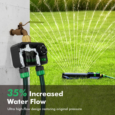 Two Zone Sprinkler Timer For Outdoor Hose Faucet With Brass Inlet And Large Dial Programmable Watering in action on lawn.