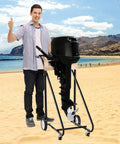 Man showing thumb up beside Built Tough Heavy Duty Outboard Boat Motor Stand With 330 Lbs Capacity Engine Carrier Cart