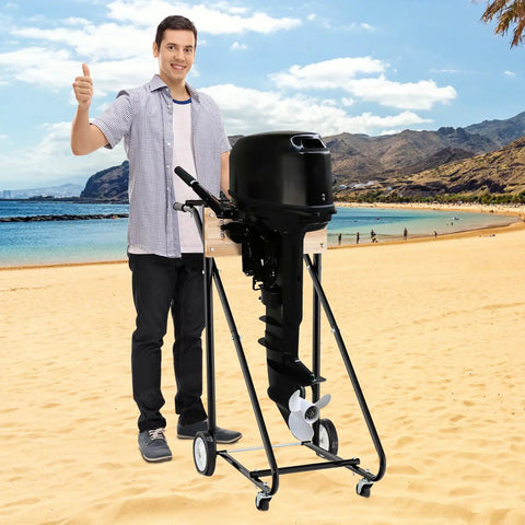 Man showing thumb up beside Built Tough Heavy Duty Outboard Boat Motor Stand With 330 Lbs Capacity Engine Carrier Cart