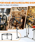 360 Degree Wheel Truing Stand for Bike Repair and Spoke Lacing displayed in home workshop with bikes and tools
