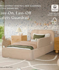 Upholstered Twin Or Full Bed Guard Rail In Chai Shearling in cozy bedroom, water repellent, GREENGUARD Gold certified, on Nara twin bed.