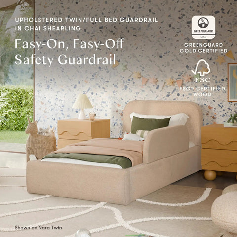 Upholstered Twin Or Full Bed Guard Rail In Chai Shearling in cozy bedroom, water repellent, GREENGUARD Gold certified, on Nara twin bed.