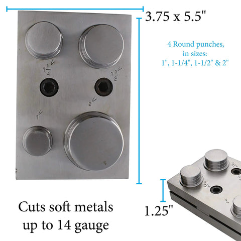 Pro Grade Circle Disc Cutter Set With Four Punches And Die For Cutting Clean Circles From Soft Metal Up To 14 Gauge Includes One Inch One And A Quarter Inch One And A Half Inch And Two Inch Sizes Hardened Alloy Steel Construction