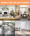 Living room scenes showing No Slip Rug Corner Grips 4 Pcs for Hardwood Floors and Tile on laminate, hardwood, tile, and vinyl floors.