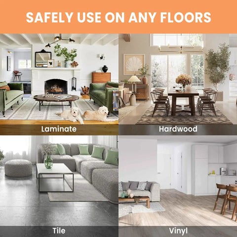 Living room scenes showing No Slip Rug Corner Grips 4 Pcs for Hardwood Floors and Tile on laminate, hardwood, tile, and vinyl floors.