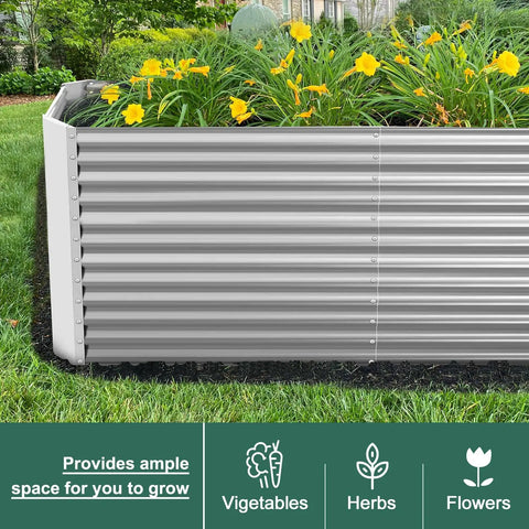 Side view of 8x4x3ft Rectangular Galvanized Raised Garden Bed With Large Capacity Metal Planter Box For Outdoor Use, filled with flowers.