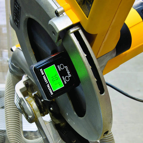 Digital Level Box And Angle Finder With Slick Magnetic Base And Backlit LCD Screen For Table Saw Miter Saw Blade Setup And Zero Sweat Bevel Cuts That Get Your Blades Dead On For Any Weekend Warrior Shop Build Black on a miter saw.