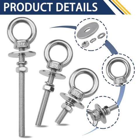 Heavy Duty M6 Stainless Steel Eye Bolts With Nuts And Washers One Quarter Inch Diameter Two Inch Long Lifting Rings