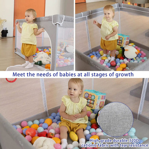 Kid Friendly Adjustable Baby Playpen With Gates, Safe And Sturdy Baby Playard Featuring Breathable Mesh, toddler playing inside