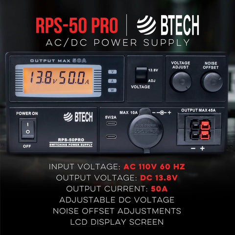 Front panel of Beefy 50A Regulated Bench Power Supply With AC-DC Conversion, showing 13.8V and 50A display and adjustment knobs.