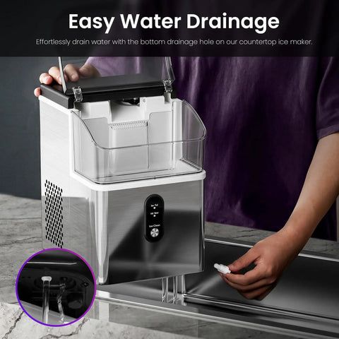 Top Tier Nugget Ice Maker Producing Thirty Three Pounds Daily Of Crisp Chewable Crushed Ice With Easy Self Cleaning Setup And Clear Viewing Window demonstrating easy water drainage feature.
