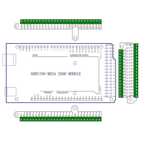 Ultra Tiny GPIO Terminal Block Breakout Board For Arduino Mega 2560, 2.54mm Pitch, 0.1 Inch, Supports 28 AWG To 18 AWG Wire, Screw Terminal, Pre-Soldered Assembly, FR-4 Dual Copper PCB, Easy Prototyping For Makers And Hobbyists; Arduino Mega pinout diagram