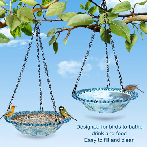 2 Pack Hanging Bird Bath And Feeder Set For Outdoors Multi Purpose Water Bowl Bathing And Feeding Station For Garden Birds Blue Plastic Outdoor Bird Waterer Easy To Hang Great For Bird Watching installed on tree