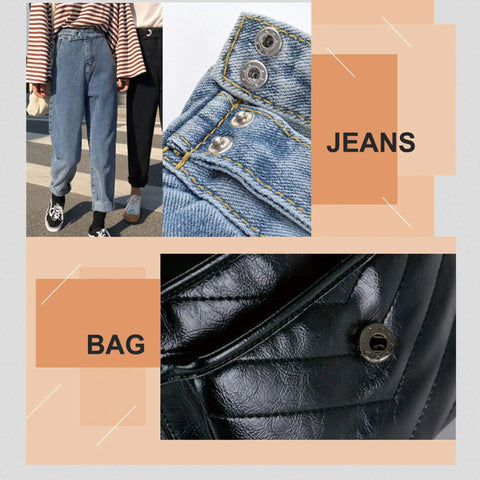 Premium Brass Metal Snap Buttons Fastener Kit With Heavy Duty Tools Silver 15mm installed on denim jeans and bag.
