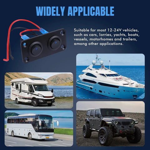 Dual Gang Rocker Switch Panel 12V And 24V 10A Waterproof Automotive On Off Switches with blue indicator, cars, yacht, RV shown