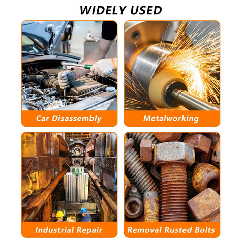 Image showing uses for Heavy Duty Magnetic Induction Heater Kit For Yanking Stuck Rusty Bolts And Bearings 2500W, including car disassembly, metalworking, industrial repair, and rusted bolt removal.