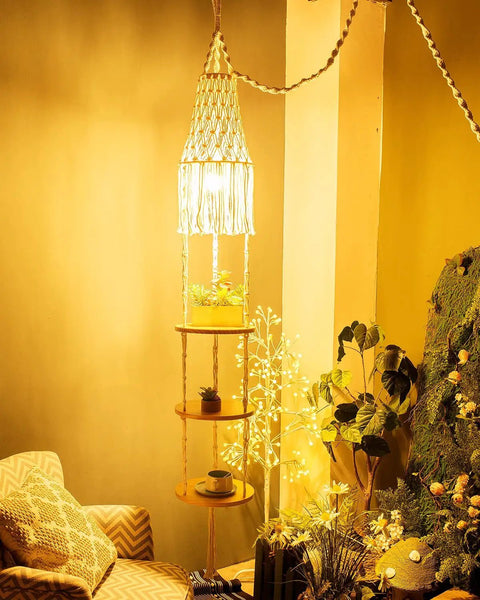 Boho Bedroom Pendant Light With Plug In Cord And Switch Macrame Lampshade And Hanging Planter Holder Space Saving Hanging Shelf Lighting