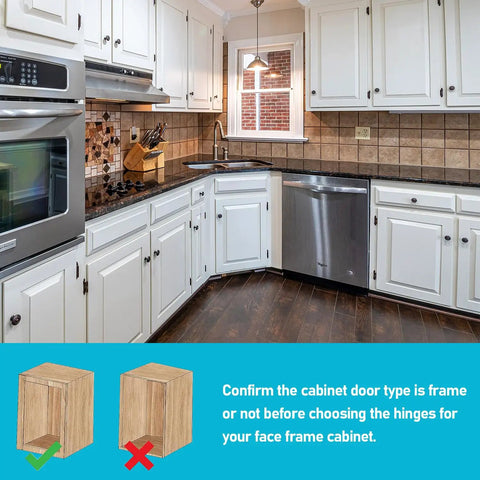 Kitchen scene displaying cabinet doors, showing half inch overlay self closing cabinet hinges in polished brass for upgrade.