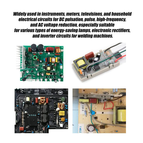 Collage showing applications of Metallized Polypropylene Film Capacitors Kit, 20 Pieces, CBB22 Style, 630V, 0.1uF 104J, P15 Case