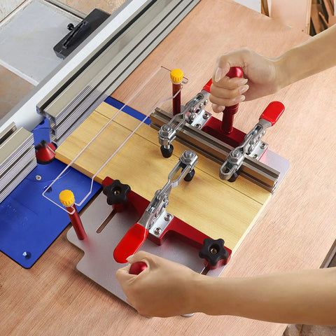 Hands using Pro Grade Coping Sled For Router Table Aluminum Rail Guide For Tenoning And Lap Joints on wooden surface