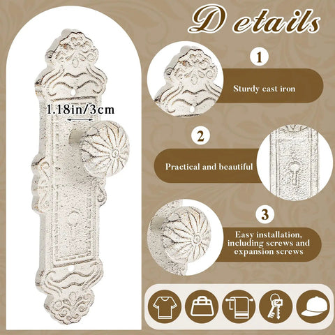 Slick Rustic White Cast Iron Wall Mounted Hooks With Screws And Anchors Shabby Chic Door Knob Decor close-up showing details and size.