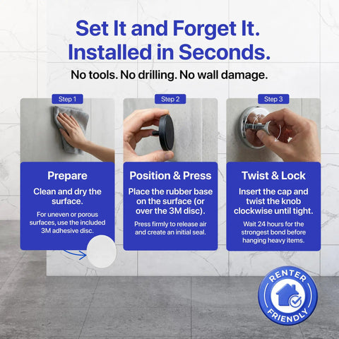 Installation guide for Suction Cup Hooks 4 Pack For Shower And Bathroom Towel Holder No Drill Strong Hold On Tiles.