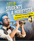 Bb Standard Trumpet Starter Kit In Gold For Beginners With Smooth Valves, Durable Lacquer Finish, Easy To Play Design, And Eye Catching Shine For Practice, School Band Or Band Camp. Student playing gold Bb trumpet