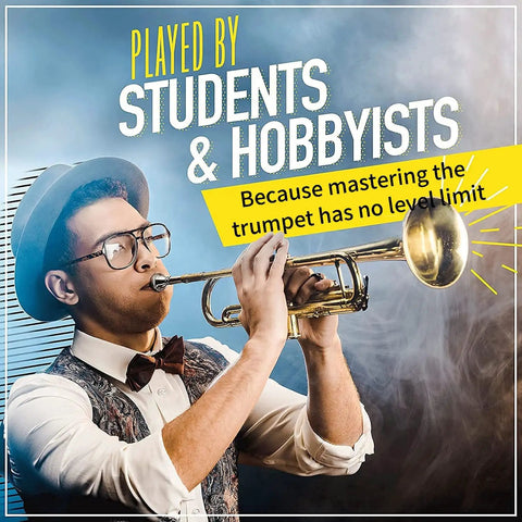 Bb Standard Trumpet Starter Kit In Gold For Beginners With Smooth Valves, Durable Lacquer Finish, Easy To Play Design, And Eye Catching Shine For Practice, School Band Or Band Camp. Student playing gold Bb trumpet