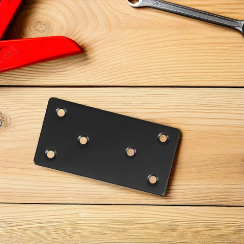 Stainless Steel Corner Brace Plates Set For Wood Shelves with black finish displayed on wooden surface