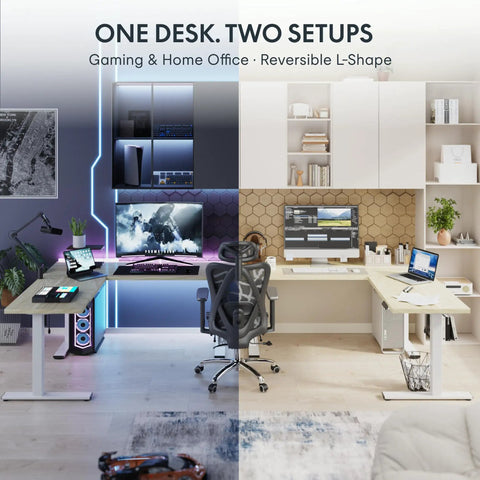 Massive 63x47 Inch L-Shaped Electric Standing Desk In Warm Maple Finish Reversible Workstation For Gaming And Office Use showcasing dual setups.