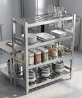Heavy Duty Stainless Steel Shelving Unit Top Notch Metal Storage Rack Rock Solid Heavy Hitter For Kitchen Pantry Garage Industrial Load Holding Organizer Shelf 47 X 24 X 59 Inch with plates and jars.
