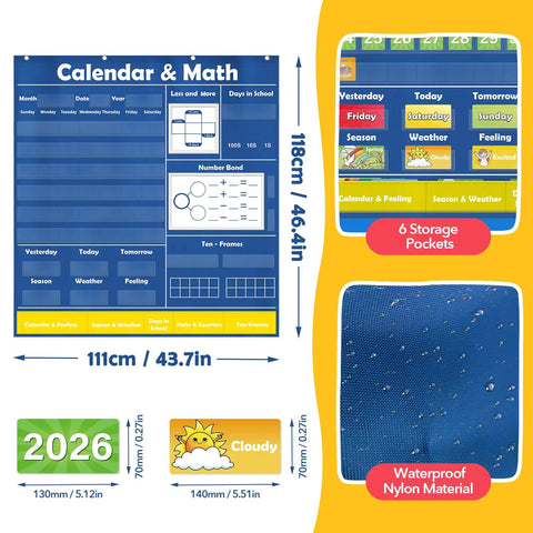 Pocket Chart Classroom Calendar Set For Circle Time And Math Center With Counting Addition Subtraction Games dimensions and features