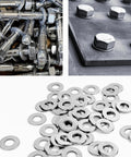 Stainless flat washers, 25 pcs, 5/16 in ID, 11/16 in OD, 304 stainless; shown with bolts