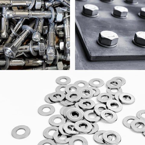 Stainless flat washers, 25 pcs, 5/16 in ID, 11/16 in OD, 304 stainless; shown with bolts